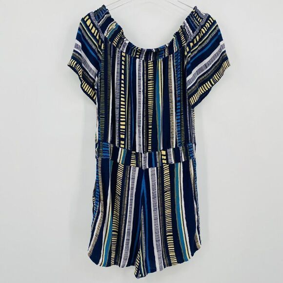 LOFT Lounge Size Medium Blue & Yellow Striped Off The Shoulder Romper w/ Pockets - Picture 8 of 10